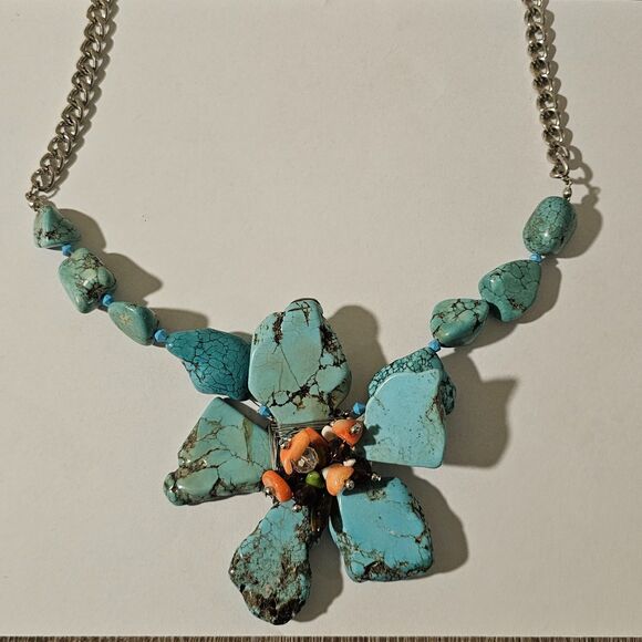 Turquoise Flower Statement Necklace, Chunky Slab Stone, Boho Southwestern Style - Picture 6 of 6